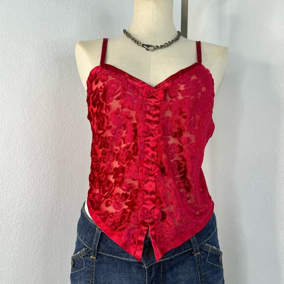 Vintage 90s Sheer Red Lingerie Tank Top V-Neck Sostanza Lace Medium - Picture 1 of 8